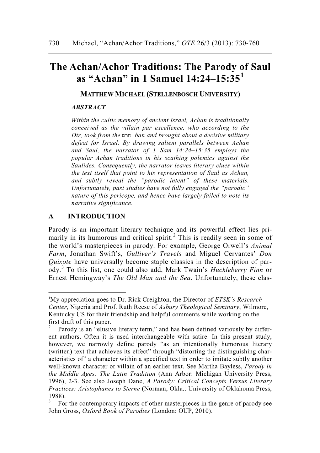 The Achan/Achor Traditions: the Parody of Saul As “Achan” in 1 Samuel 14:24–15:351