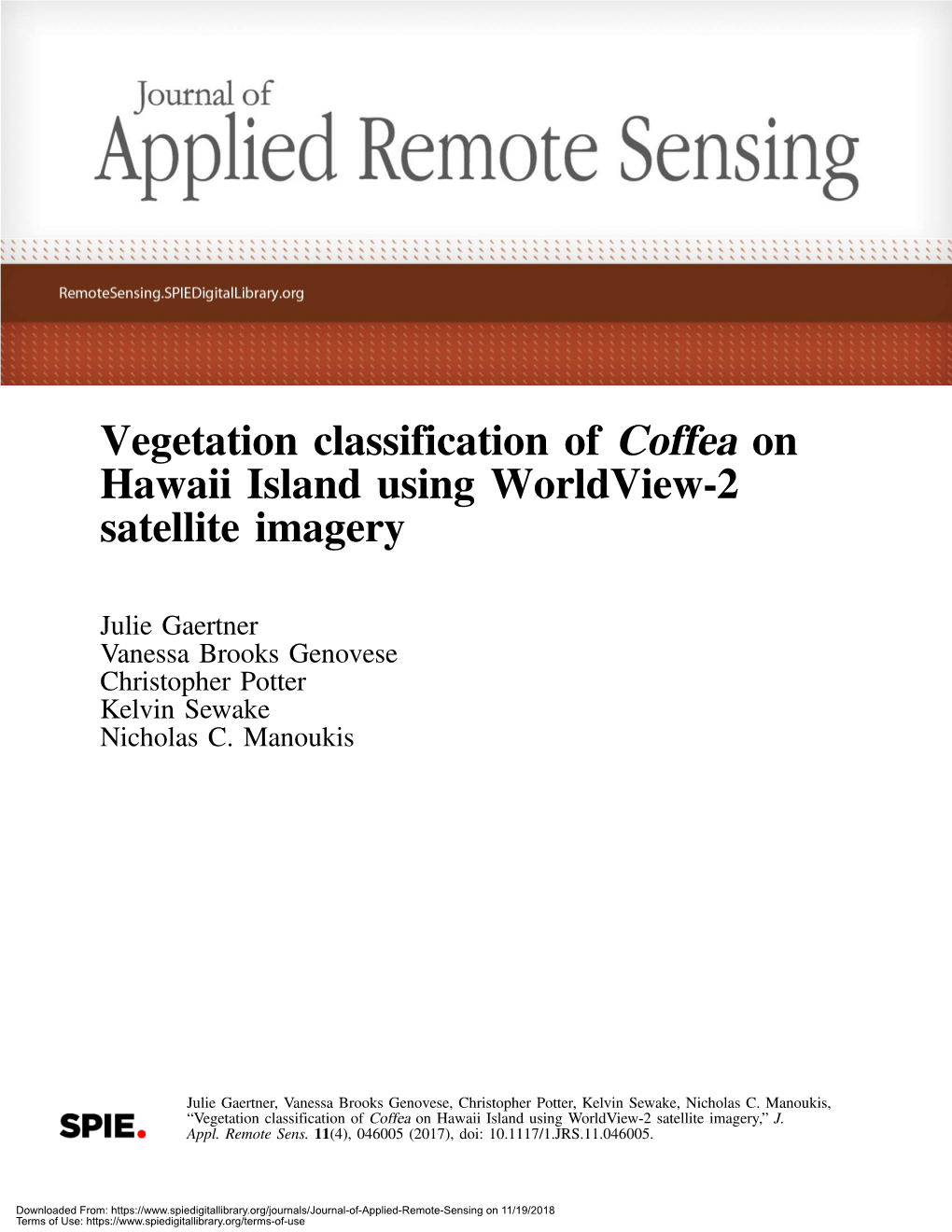 Vegetation Classification of Coffea on Hawaii Island Using Worldview-2 Satellite Imagery