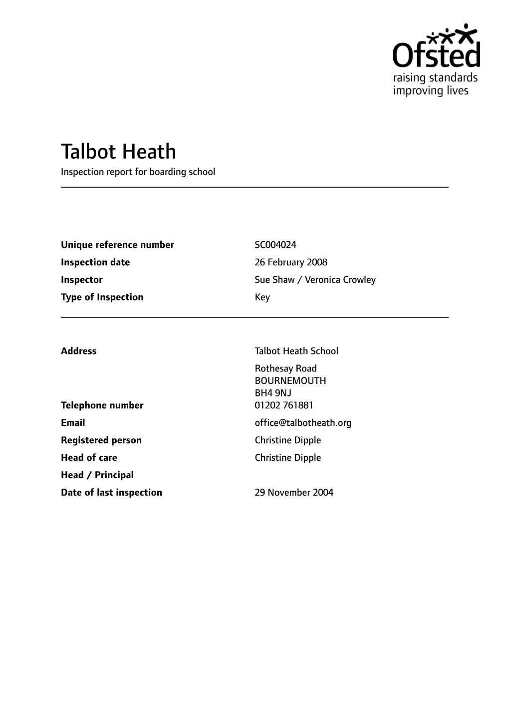 Talbot Heath Inspection Report for Boarding School