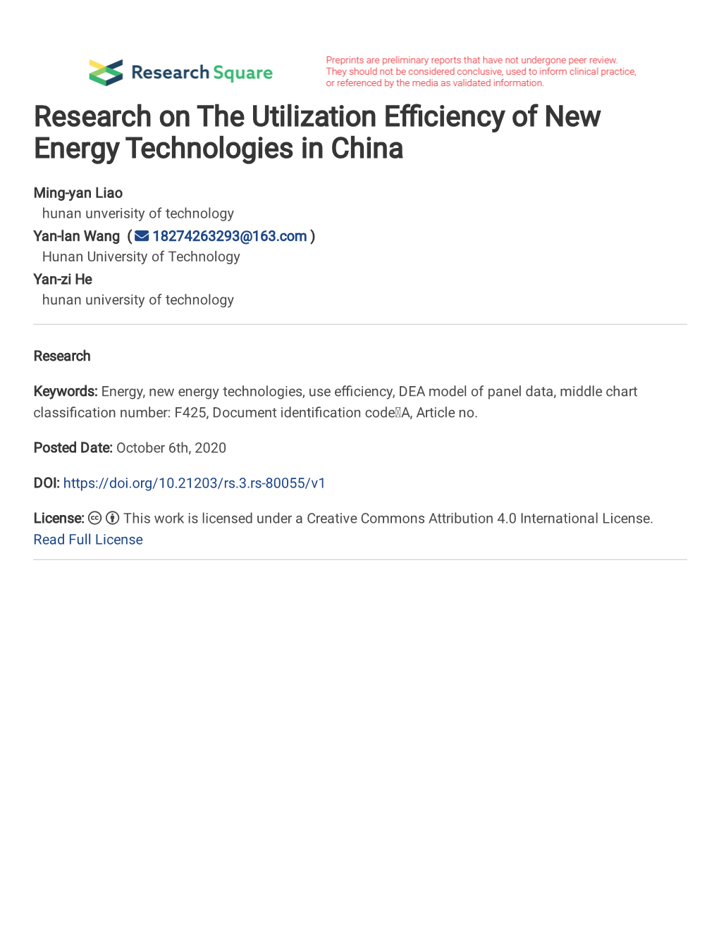 Research on the Utilization Efficiency of New Energy Technologies in China*