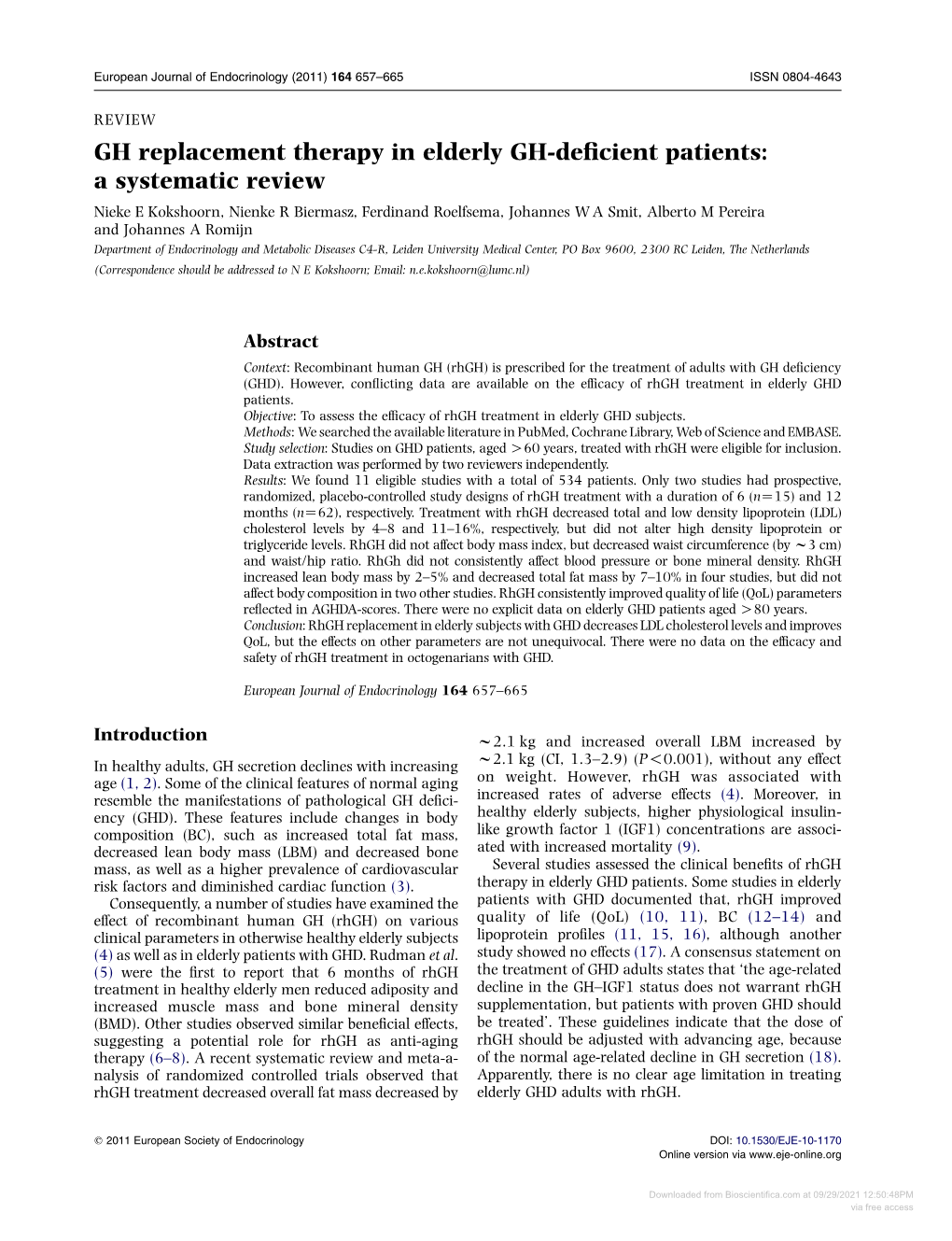 Downloaded from Bioscientifica.Com at 09/29/2021 12:50:48PM Via Free Access 658 N E Kokshoorn and Others EUROPEAN JOURNAL of ENDOCRINOLOGY (2011) 164