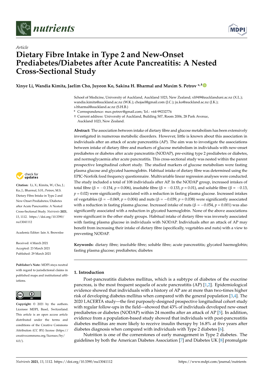 Dietary Fibre Intake in Type 2 and New-Onset Prediabetes/Diabetes After Acute Pancreatitis: a Nested Cross-Sectional Study