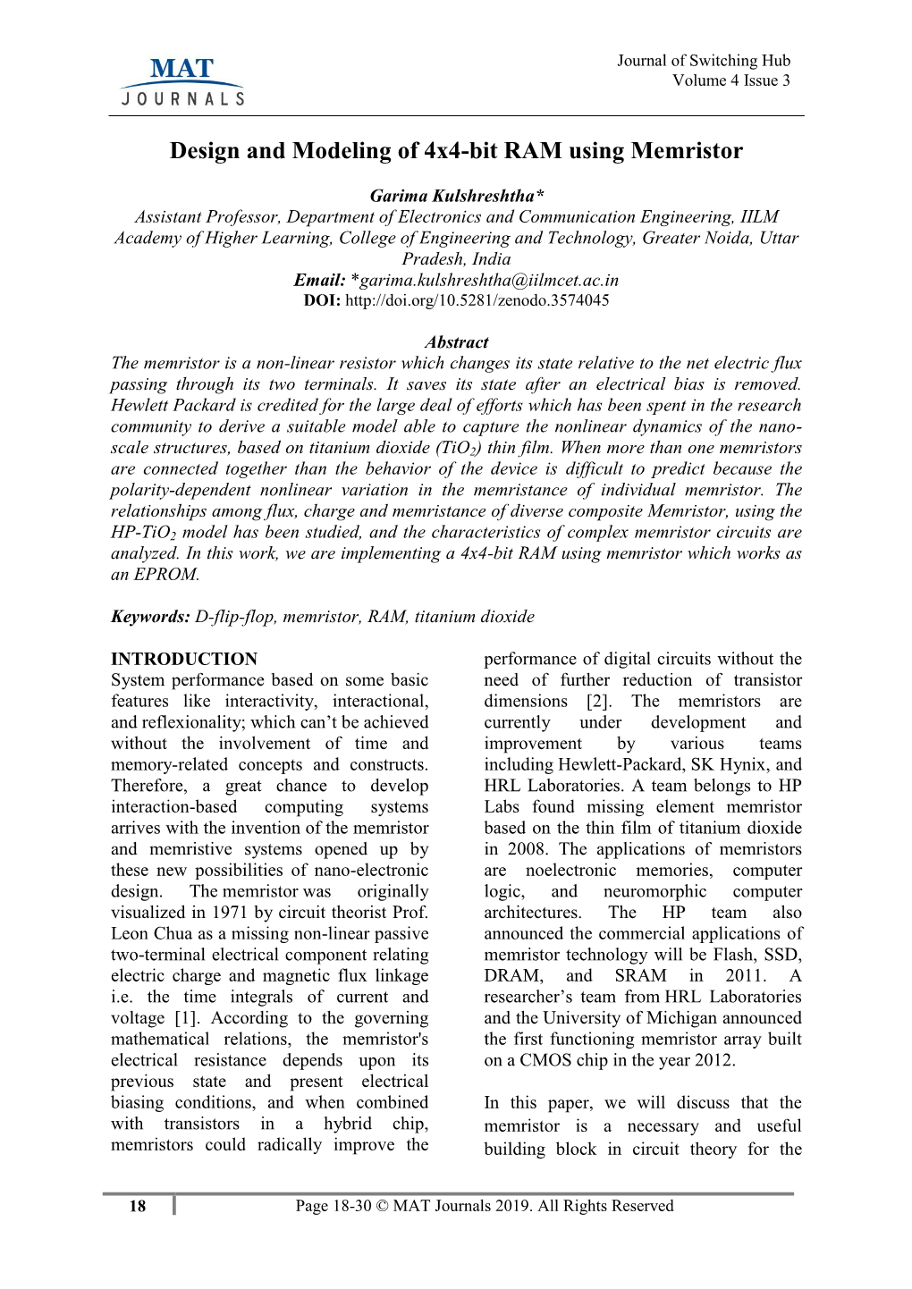 Design and Modeling of 4X4-Bit RAM Using Memristor