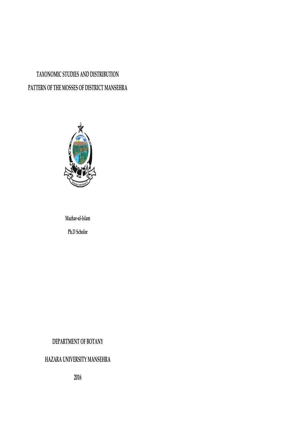 Taxonomic Studies Pattern of the Mosses Department Hazara Univers