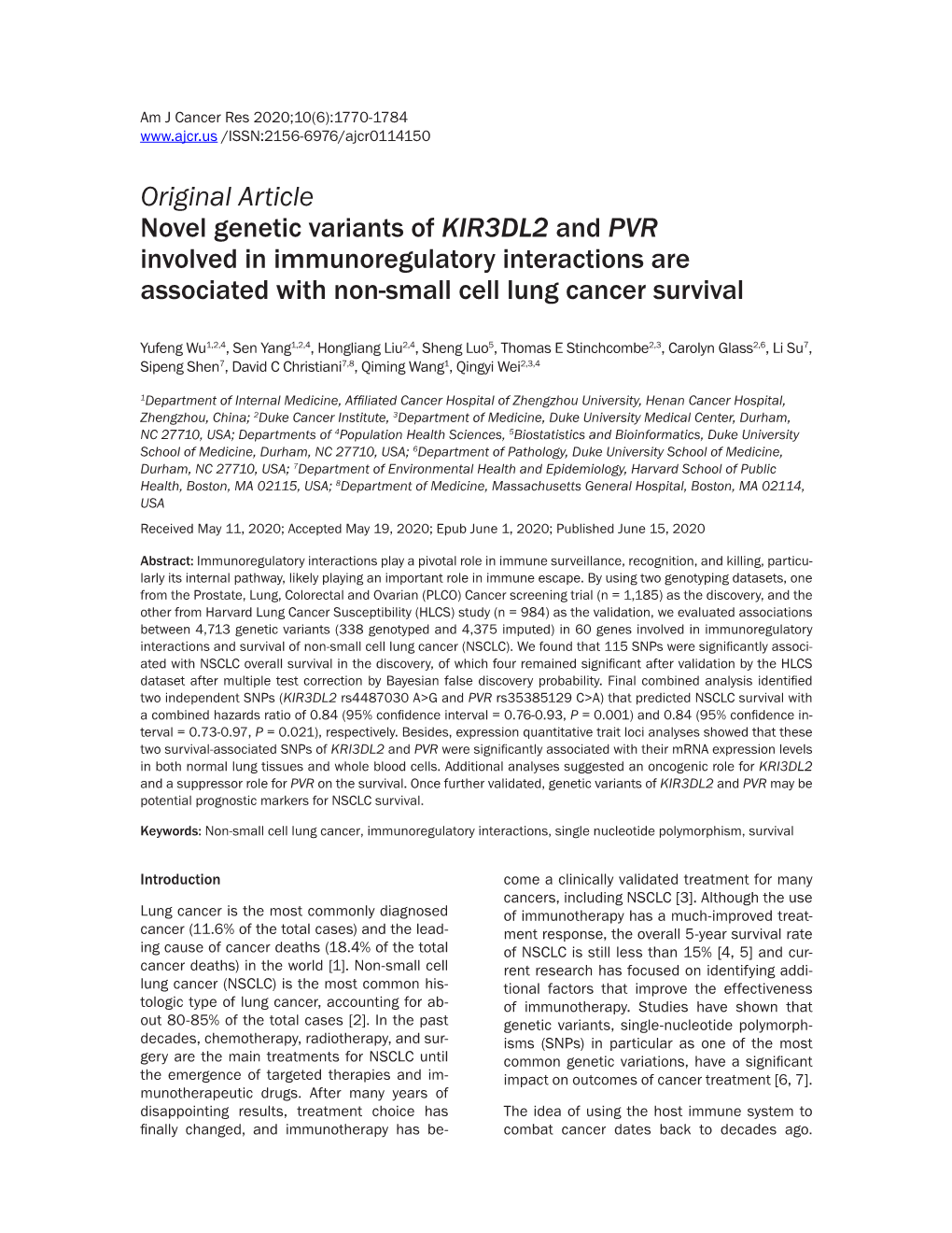 Original Article Novel Genetic Variants of KIR3DL2 and PVR Involved in Immunoregulatory Interactions Are Associated with Non-Small Cell Lung Cancer Survival
