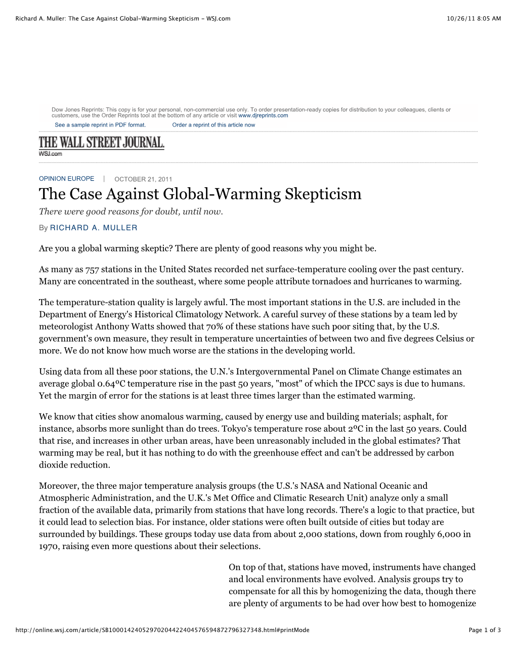 Richard A. Muller: the Case Against Global-Warming Skepticism - WSJ.Com 10/26/11 8:05 AM