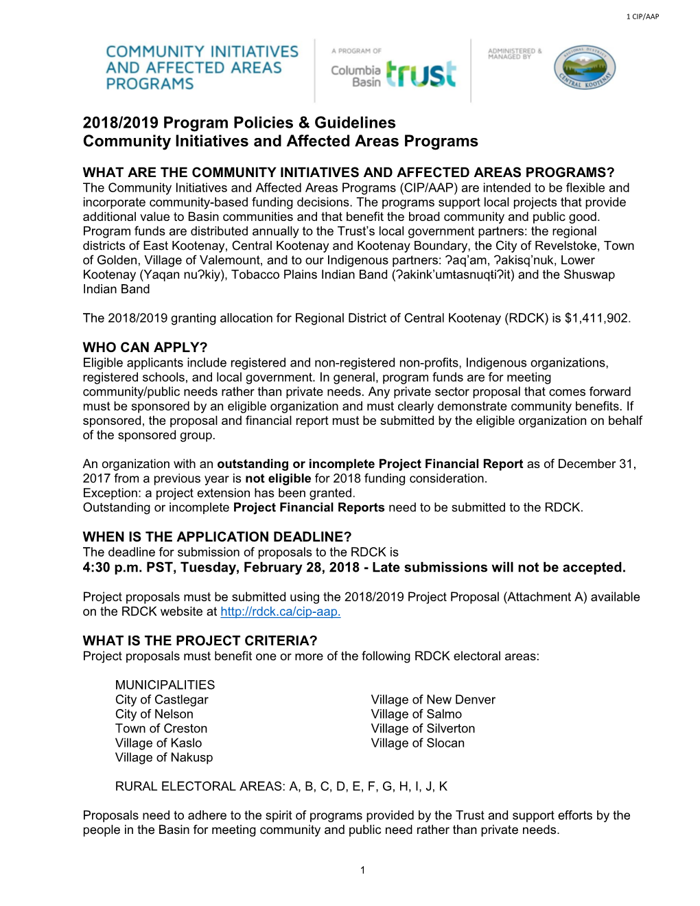 2018/2019 Program Policies & Guidelines Community Initiatives