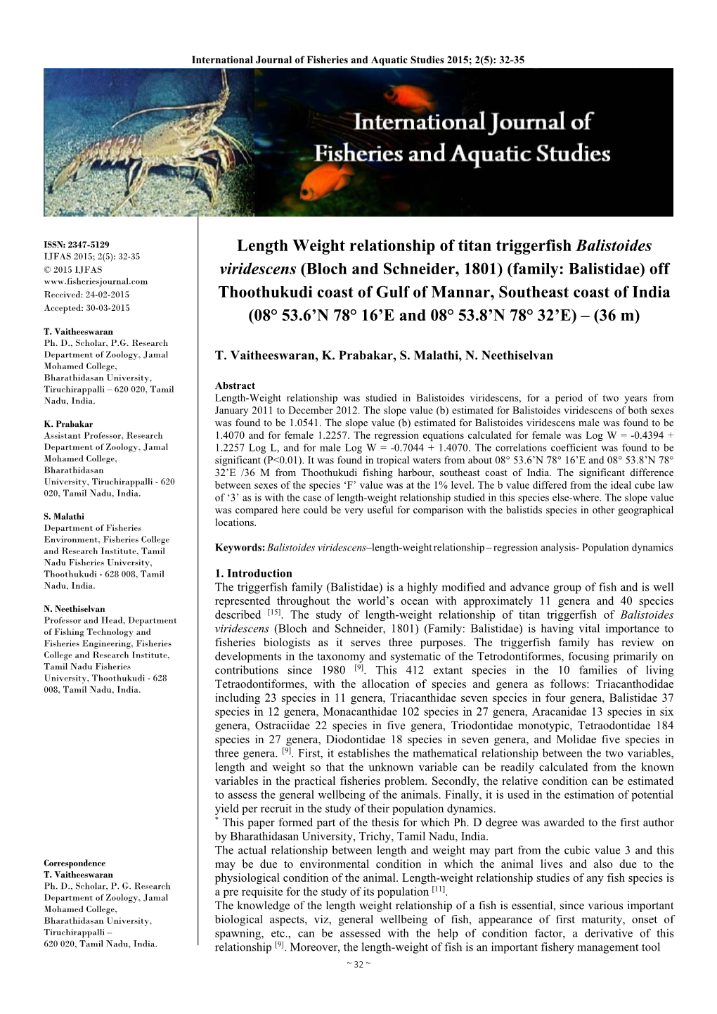 Length Weight Relationship of Titan Triggerfish Balistoides Viridescens