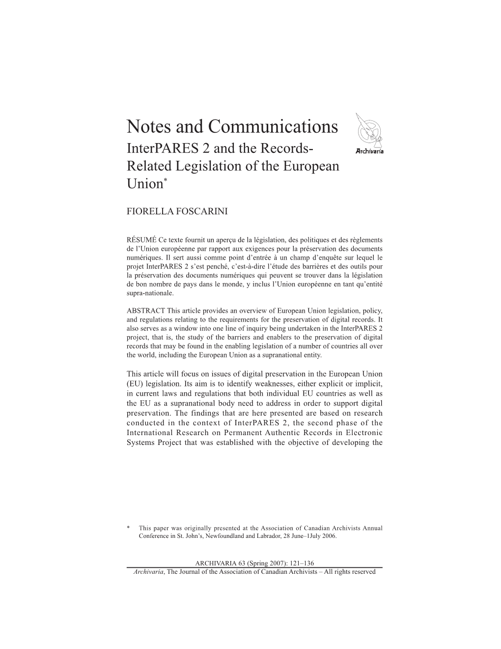 Interpares 2 and the Records-Related Legislation of the EU 123