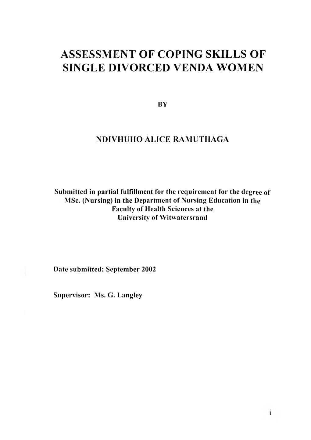 Assessment of Coping Skills of Single Divorced Venda Women