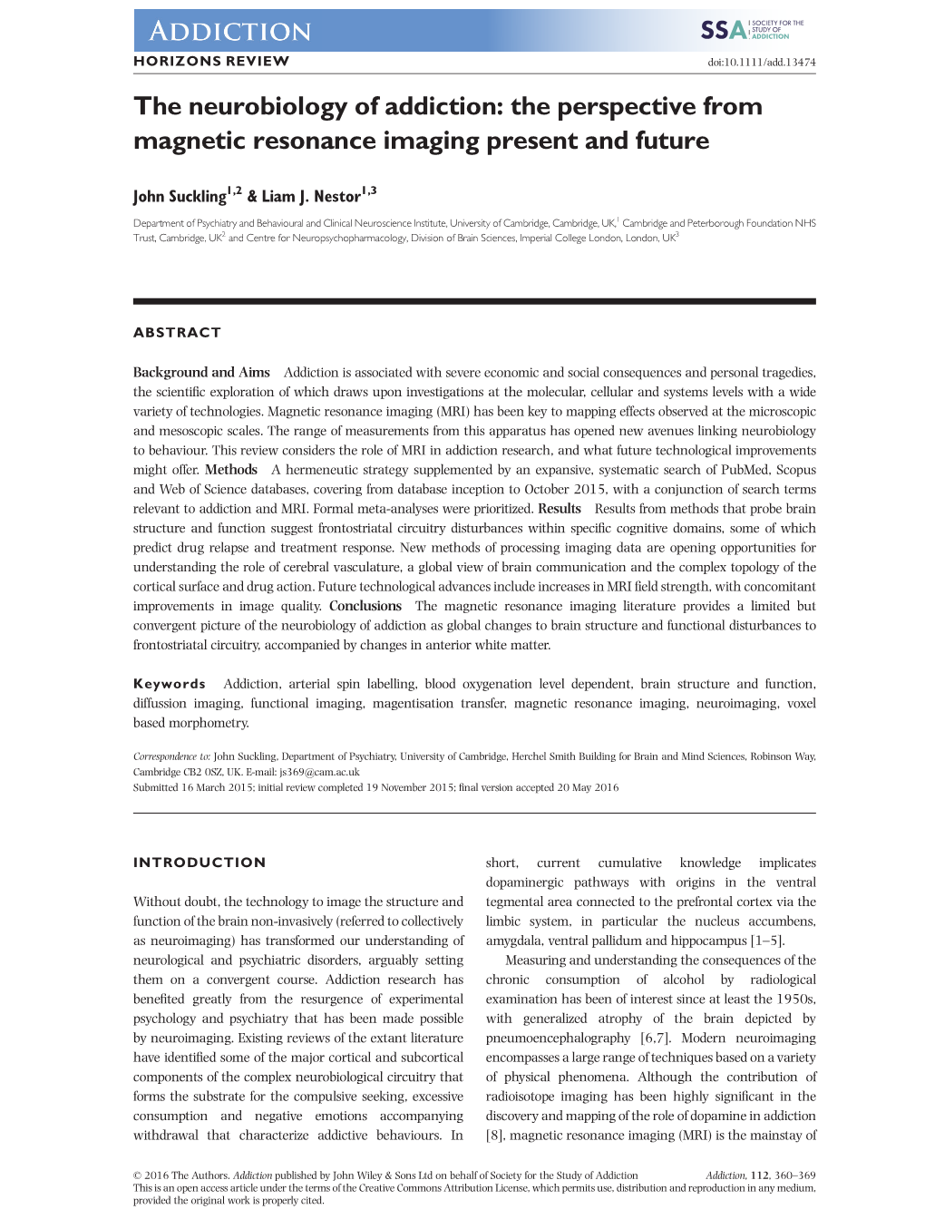 The Neurobiology of Addiction: the Perspective from Magnetic Resonance Imaging Present and Future