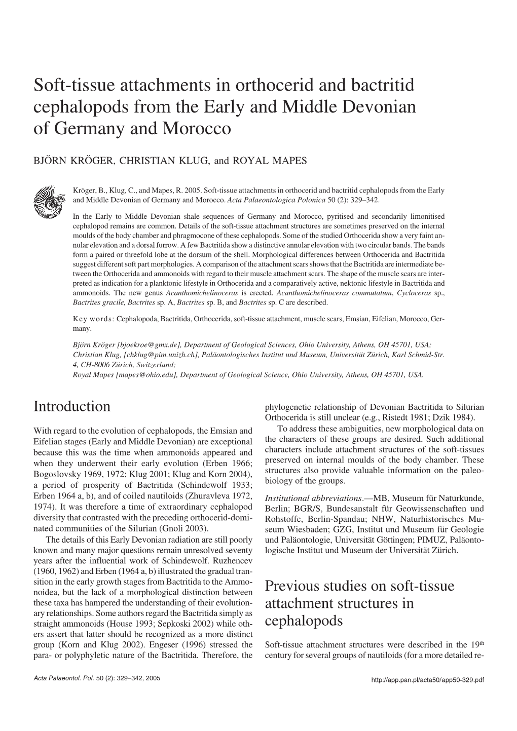 Soft-Tissue Attachments in Orthocerid and Bactritid Cephalopods from The