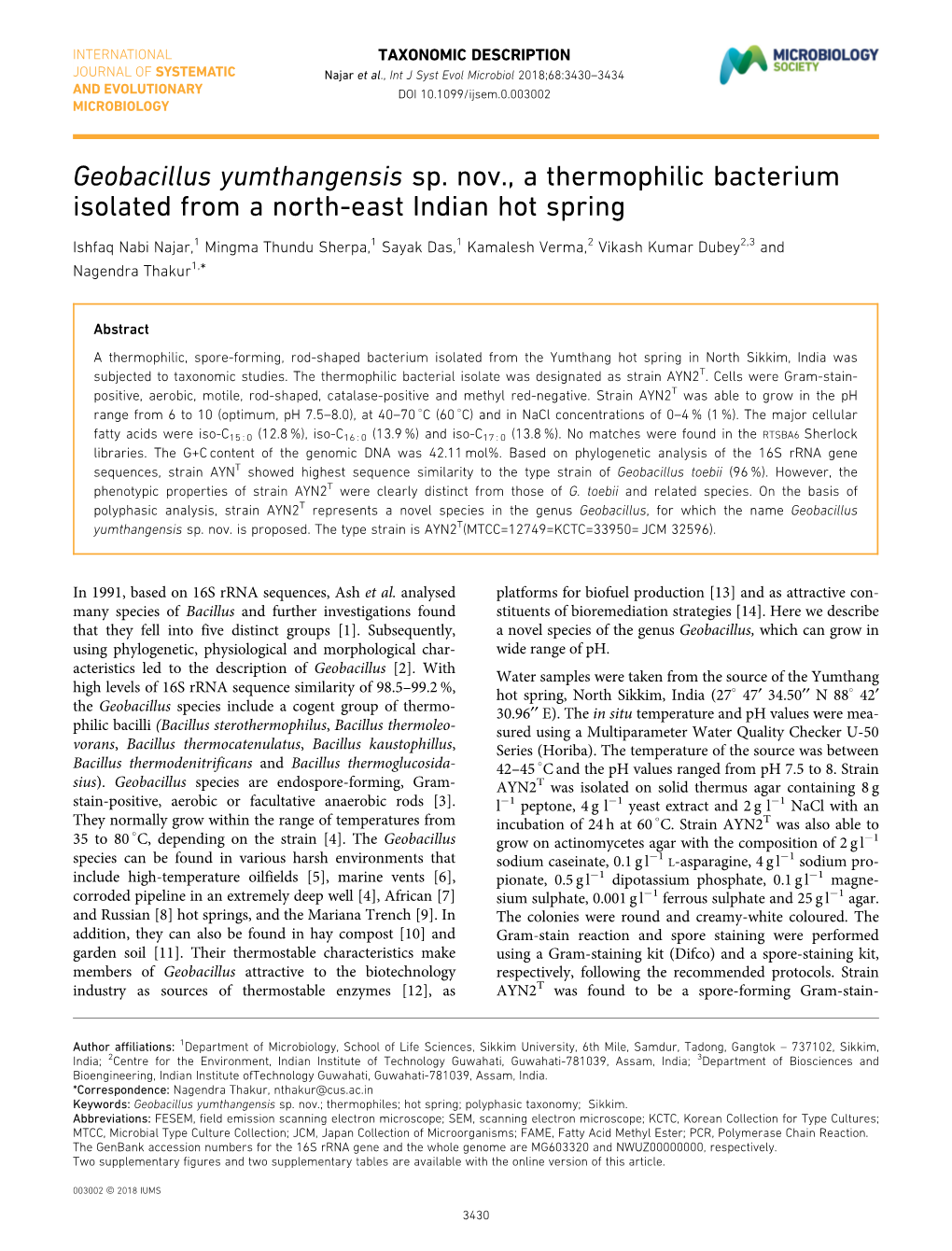 Geobacillus Yumthangensis Sp. Nov., a Thermophilic Bacterium Isolated from a North-East Indian Hot Spring