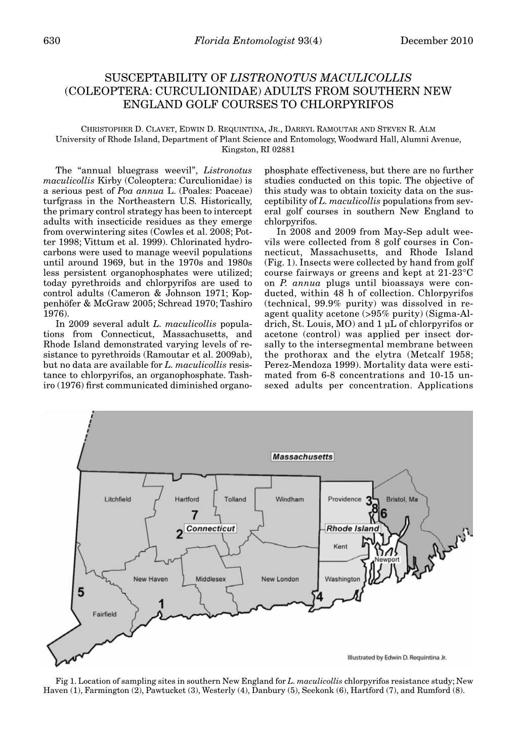 Susceptability of Listronotus Maculicollis (Coleoptera: Curculionidae) Adults from Southern New England Golf Courses to Chlorpyrifos