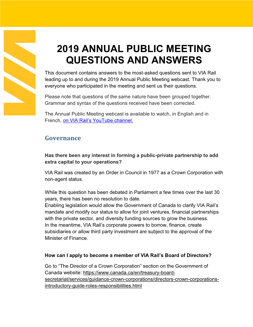 2019 Annual Public Meeting Questions and Answers