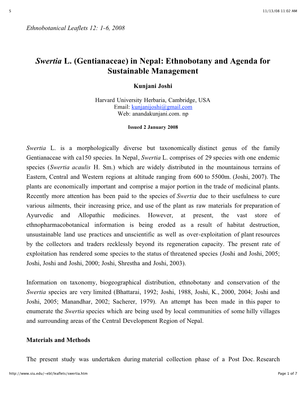 Swertia L. (Gentianaceae) in Nepal: Ethnobotany and Agenda for Sustainable Management