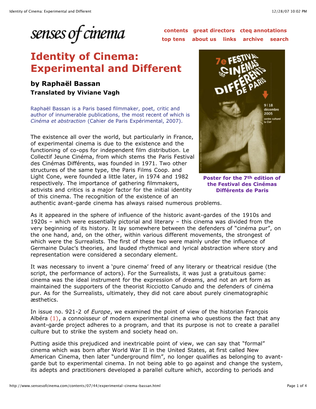 Identity of Cinema: Experimental and Different 12/28/07 10:02 PM