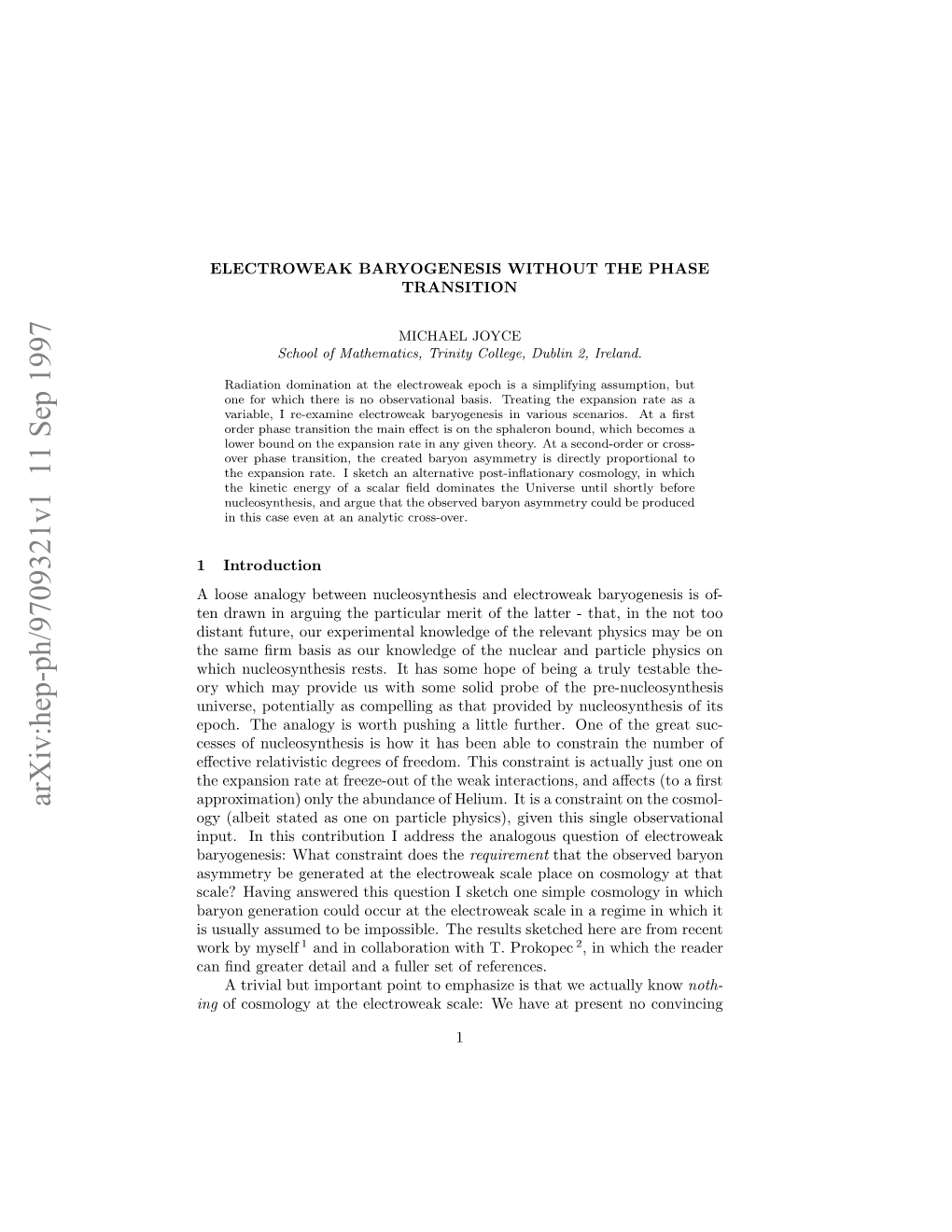 Electroweak Baryogenesis Without the Phase Transition