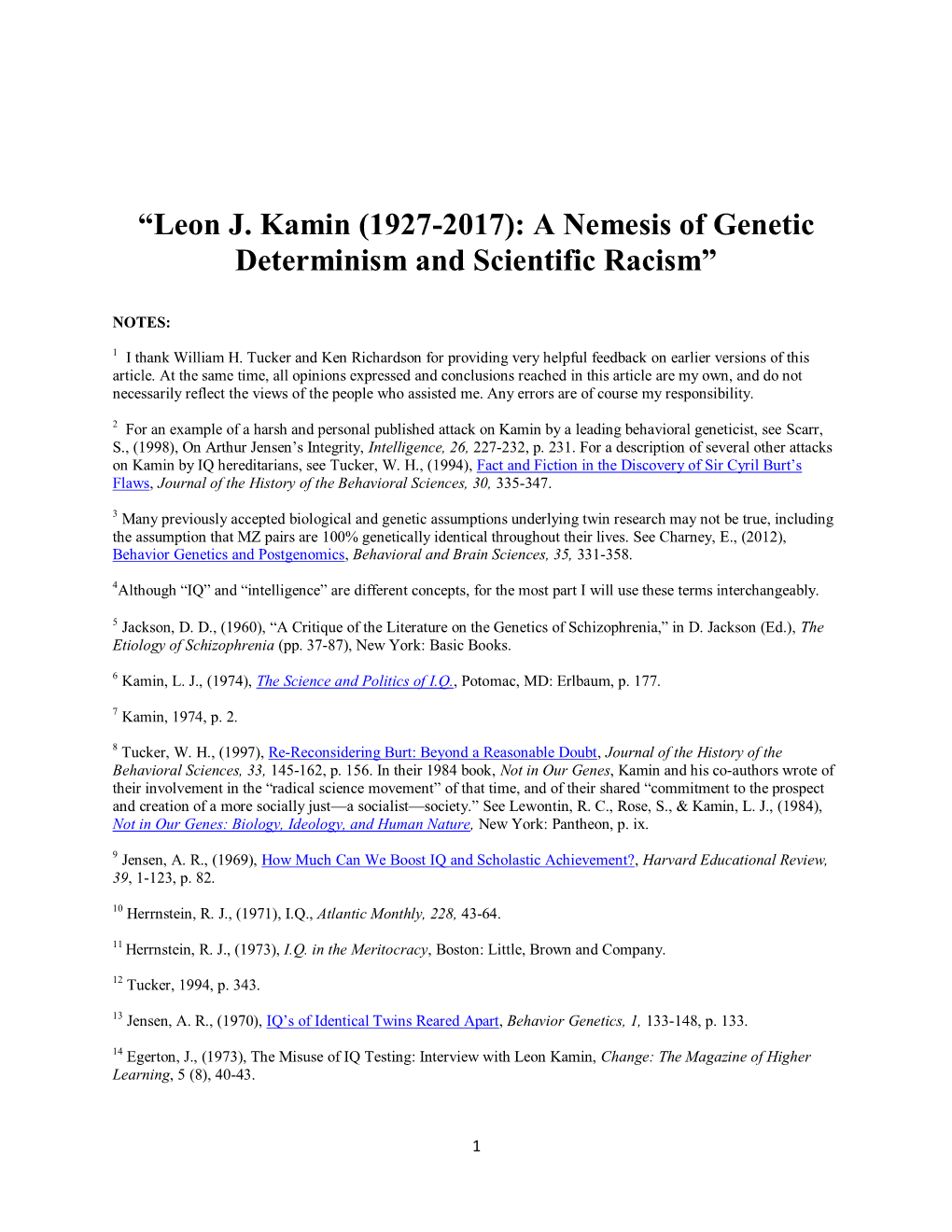 Leon J. Kamin (1927-2017): a Nemesis of Genetic Determinism and Scientific Racism”