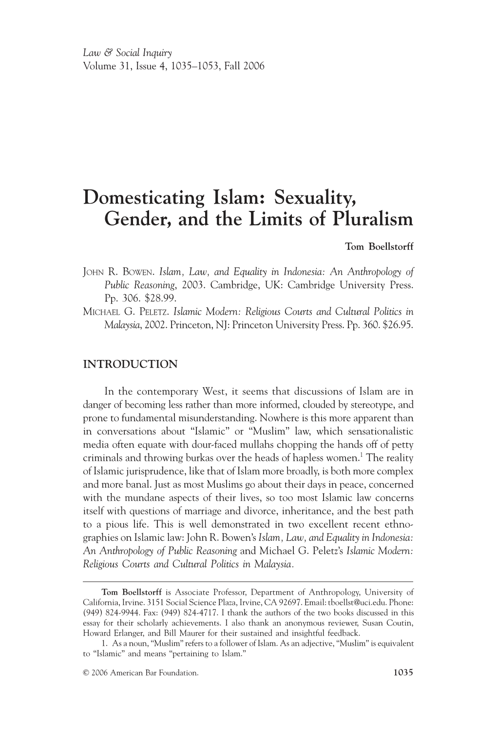 Domesticating Islam: Sexuality, Gender, and the Limits of Pluralism