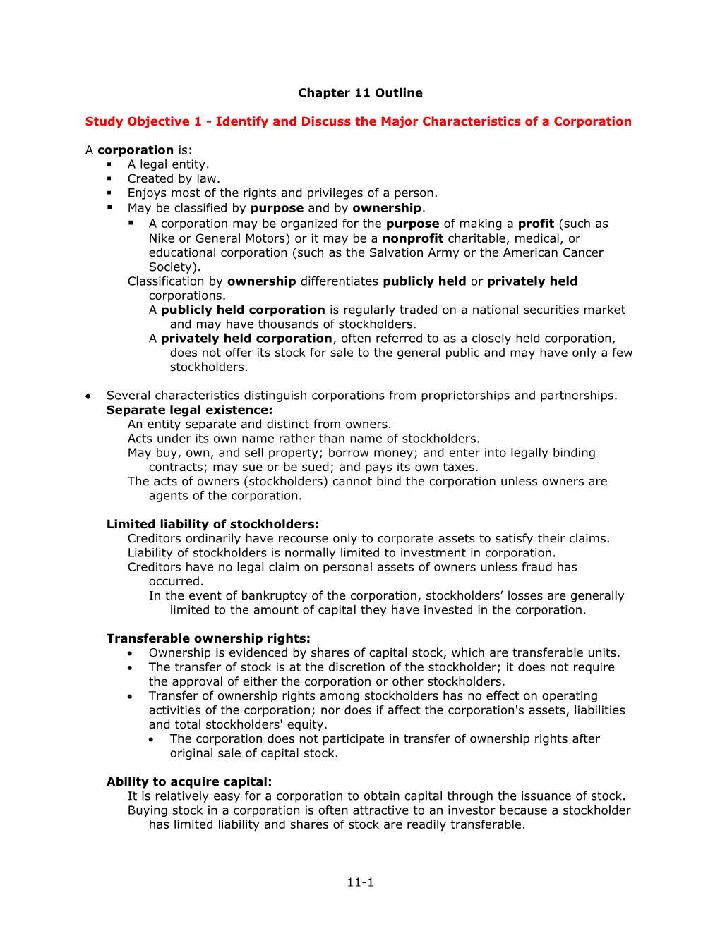 Study Objective 1 - Identify and Discuss the Major Characteristics of a Corporation