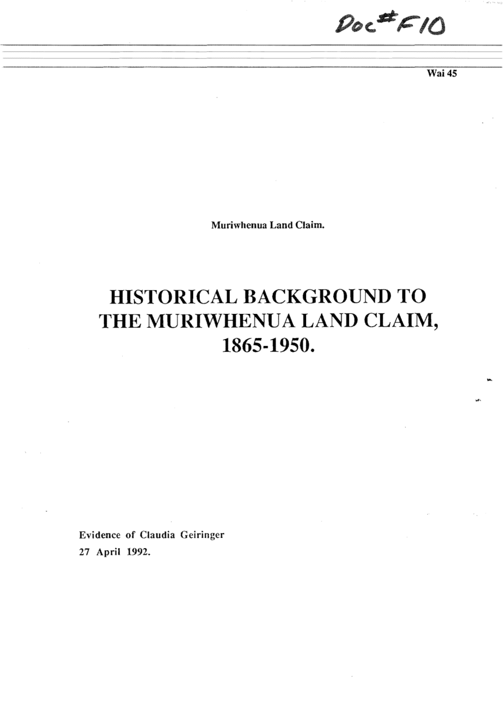Historical Background to the Muriwhenu a Land Claim, 1865-1950