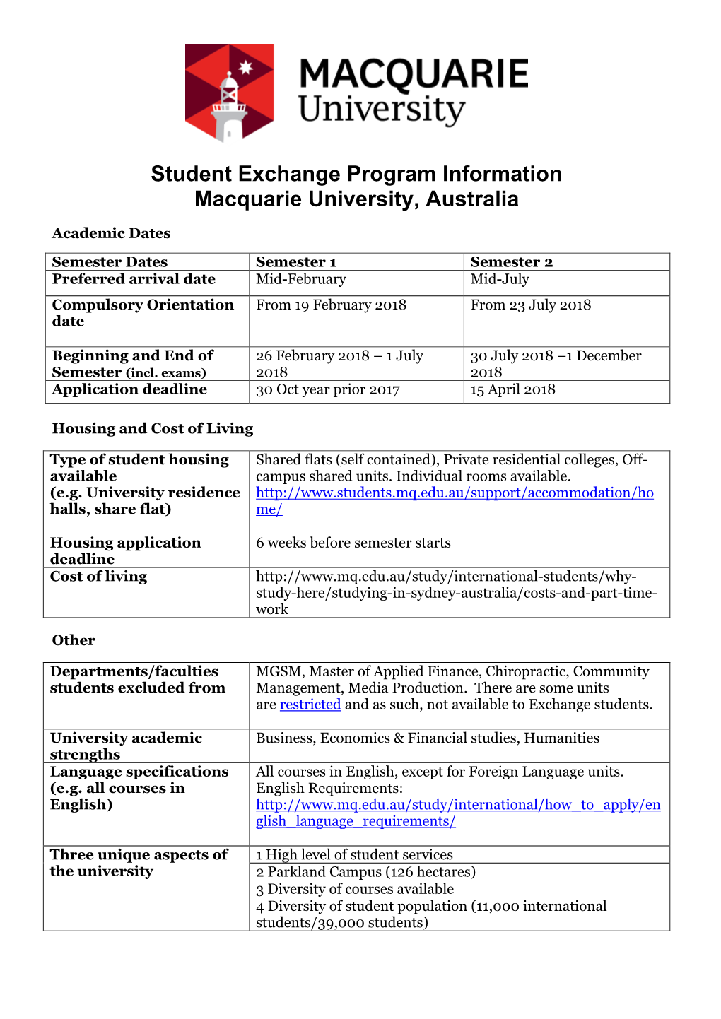 Fast Fact Sheet – Student Exchange