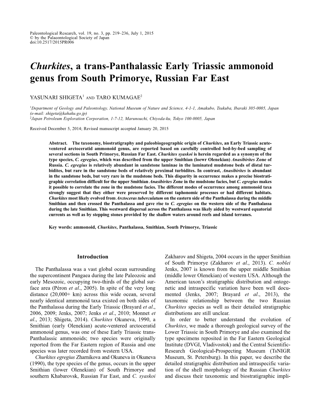 Shigeta, Y. & T. Kumagae, 2015. Churkites, a Trans-Panthalassic Early Triassic Ammonoid Genus from South