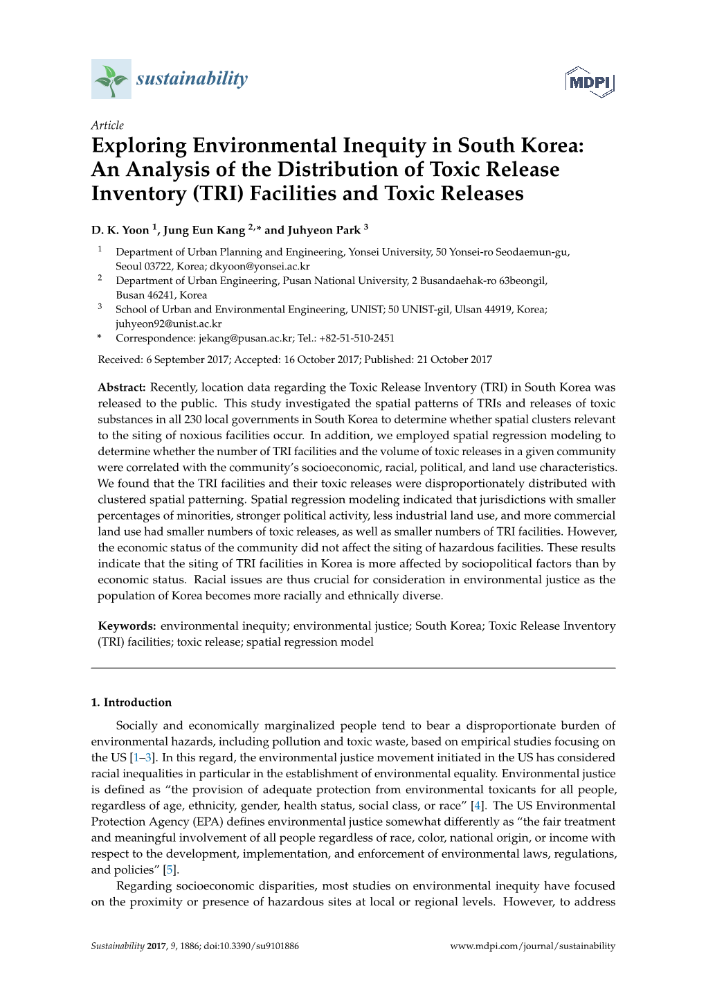 Exploring Environmental Inequity in South Korea: an Analysis of the Distribution of Toxic Release Inventory (TRI) Facilities and Toxic Releases