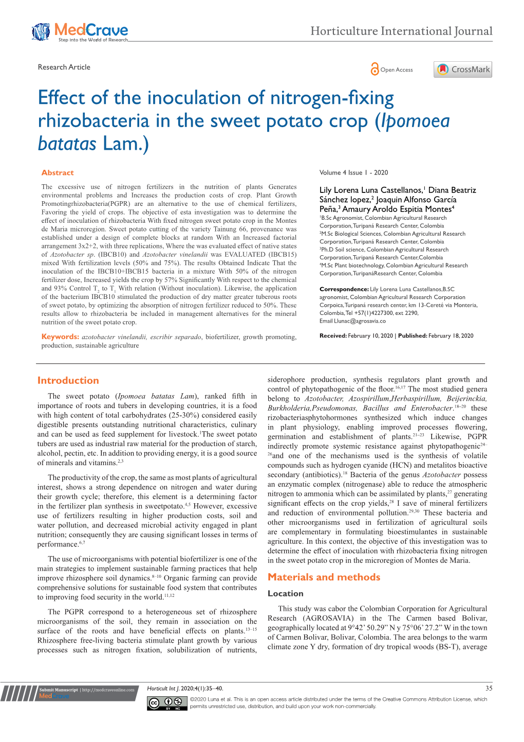 Effect of the Inoculation of Nitrogen-Fixing Rhizobacteria in the Sweet Potato Crop (Ipomoea Batatas Lam.)