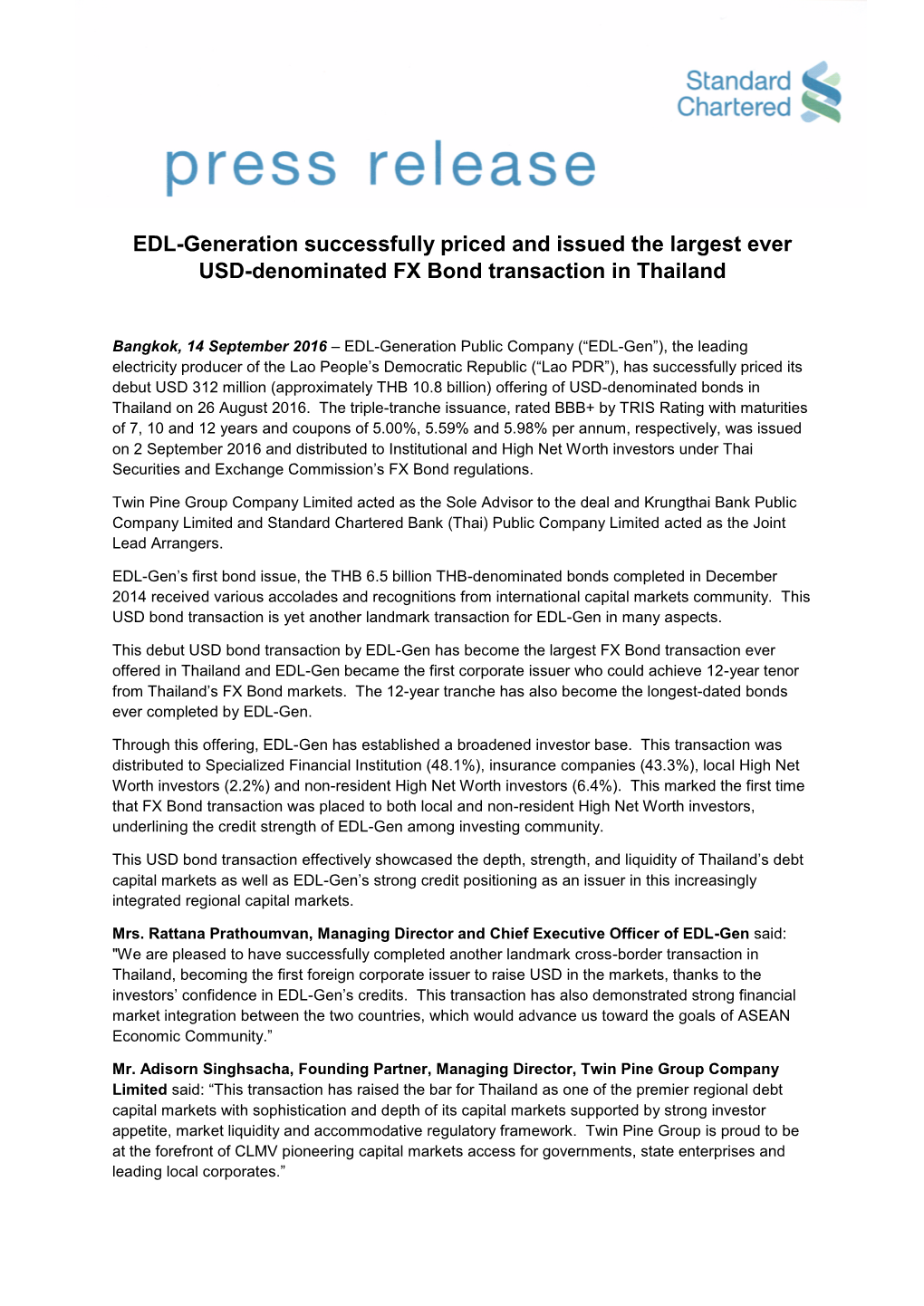 EDL-Generation Successfully Priced and Issued the Largest Ever USD-Denominated FX Bond Transaction in Thailand