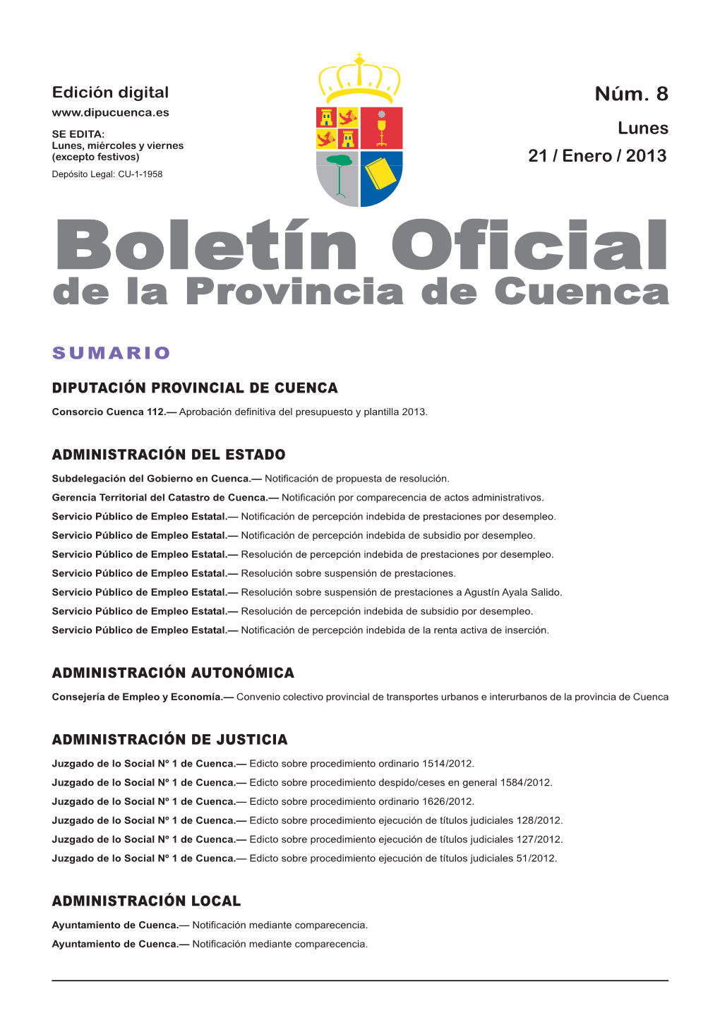 Boletín Oficial De La Provincia De Cuenca Sumario Diputación Provincial De Cuenca