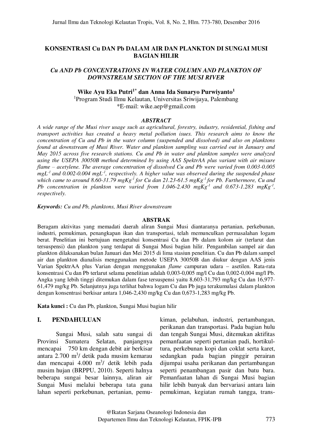 773 Konsentrasi Cu Dan Pb Dalam Air Dan Plankton Di Sungai