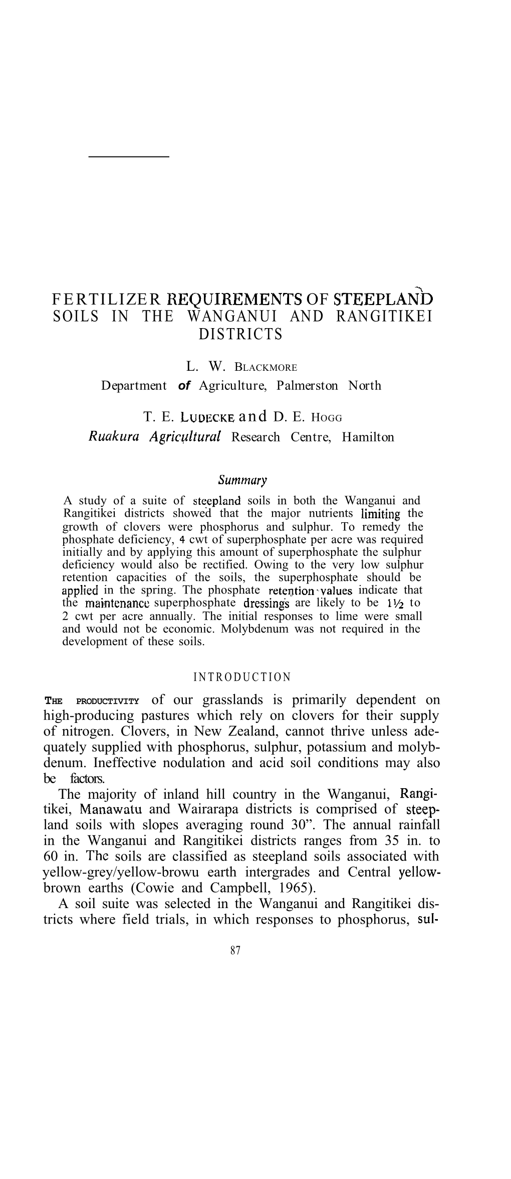Fertilizer Requirements of Steepland Soils in the Wanganui And