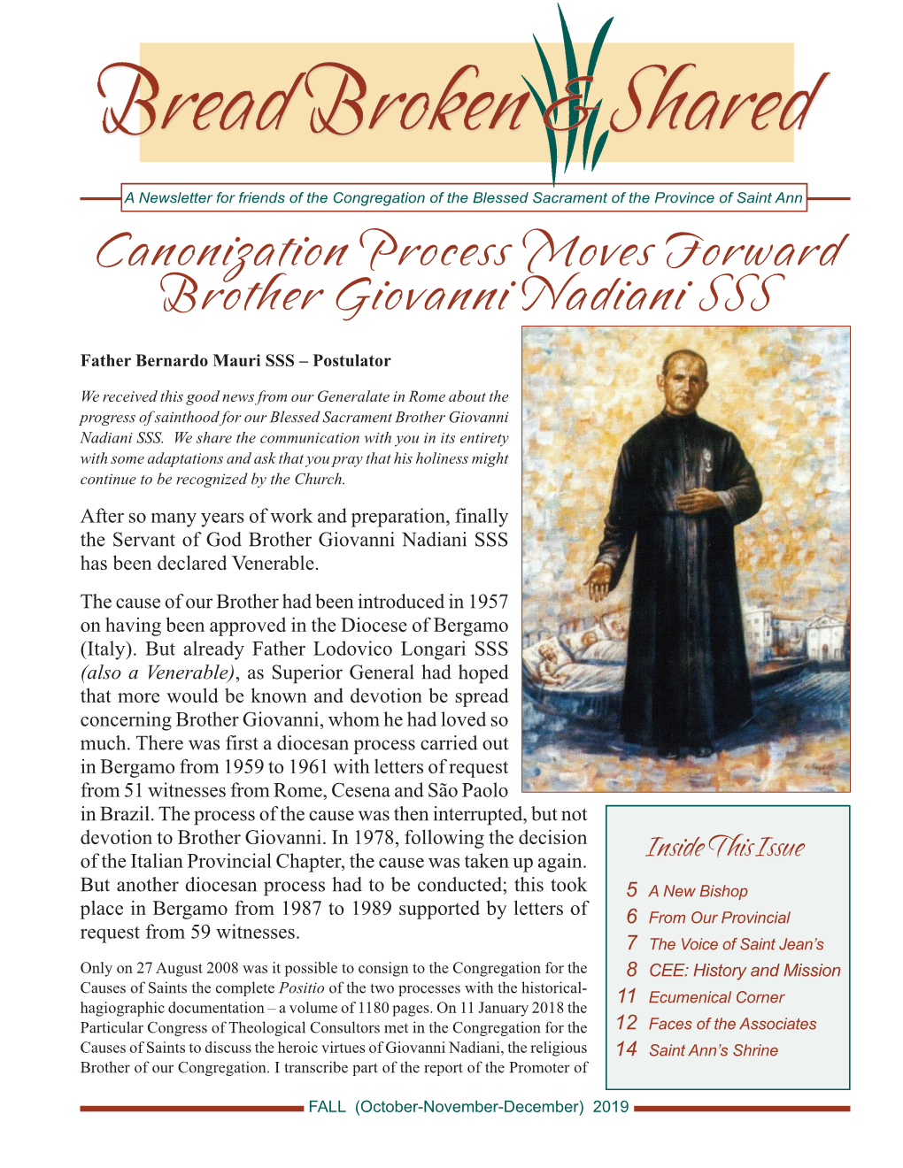 Canonization Process Moves Forward Brother Giovanni Nadiani SSS