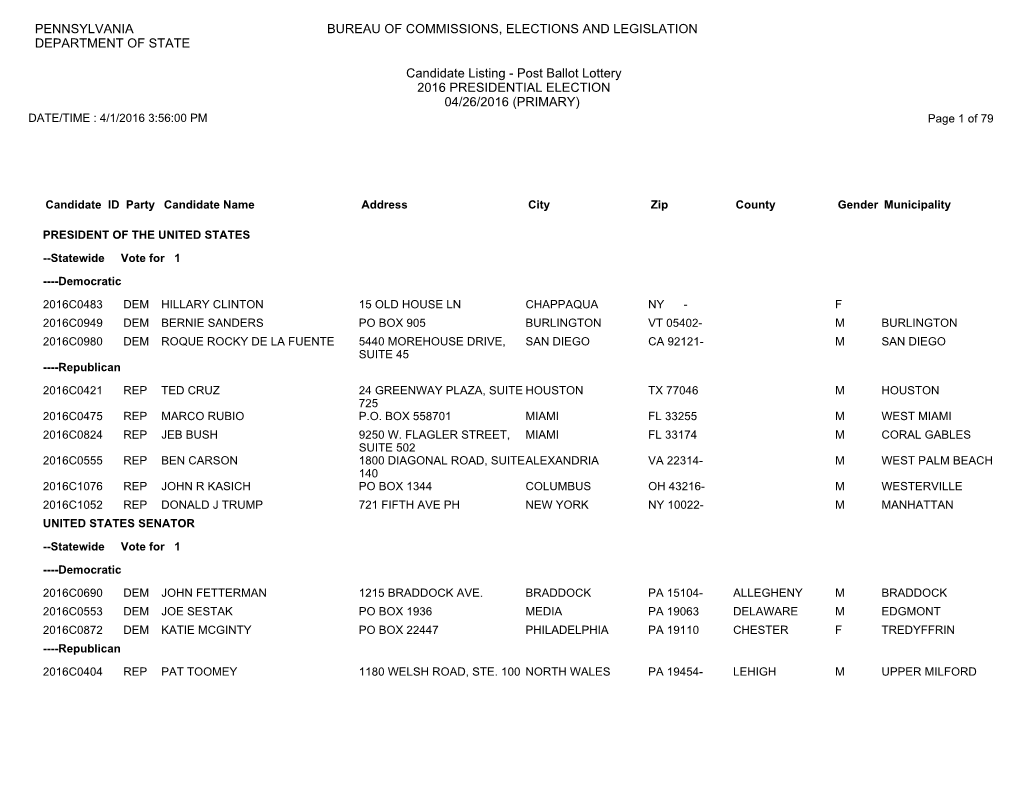 Candidate Listing - Post Ballot Lottery 2016 PRESIDENTIAL ELECTION 04/26/2016 (PRIMARY) DATE/TIME : 4/1/2016 3:56:00 PM Page 1 of 79