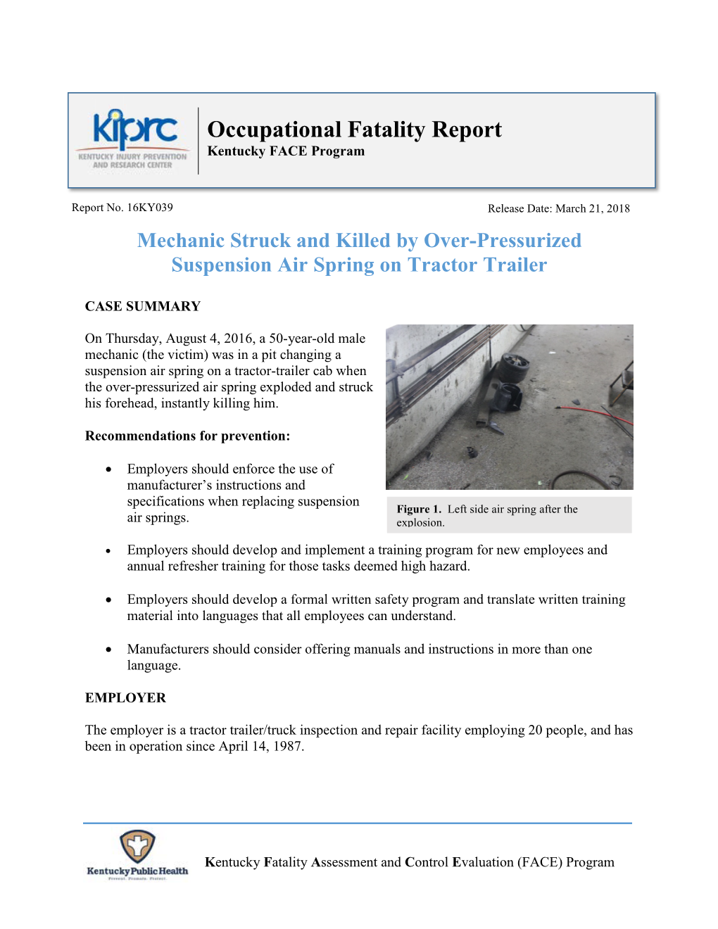 FACE Report No. 16KY039, Mechanic Struck and Killed by Over