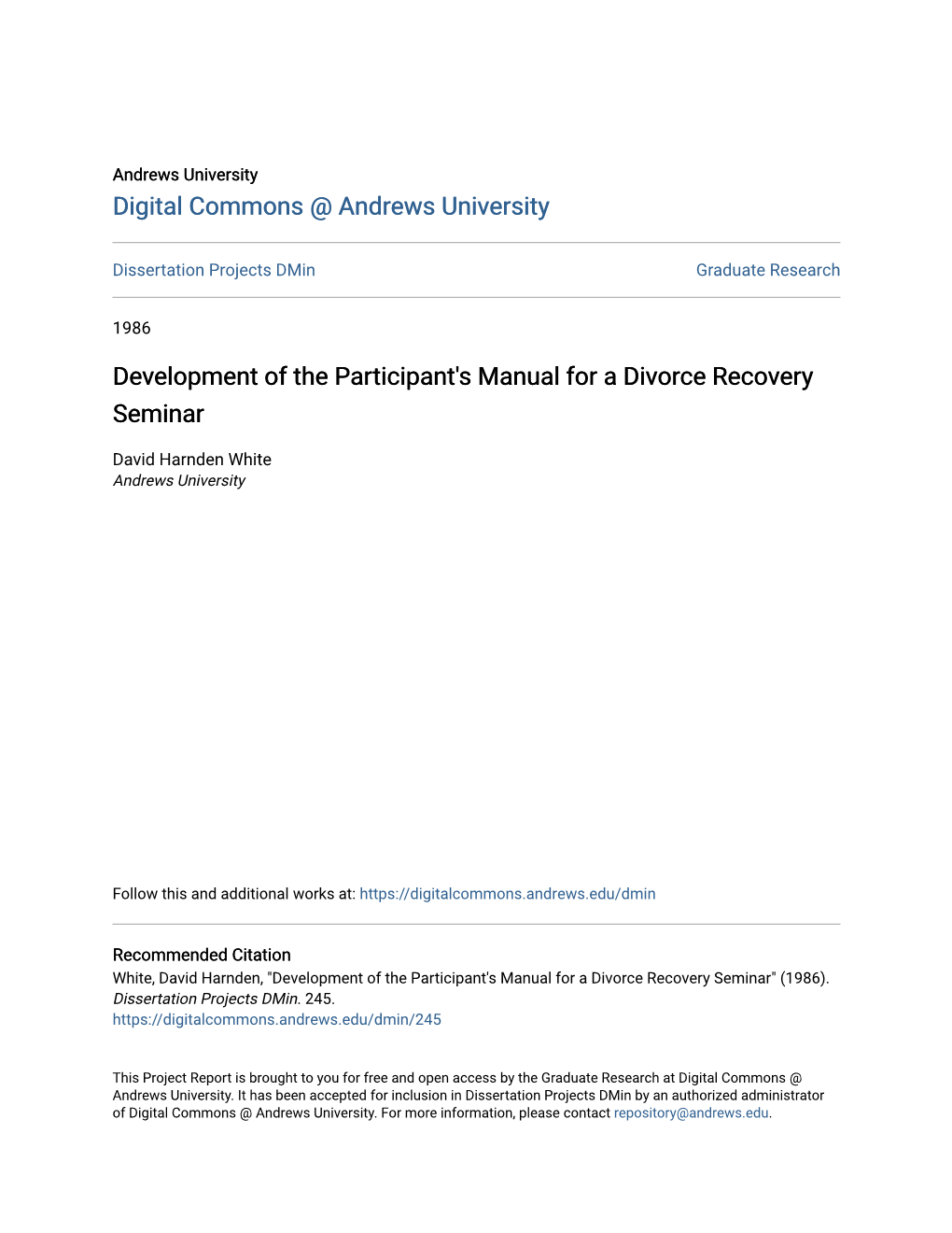 Development of the Participant's Manual for a Divorce Recovery Seminar