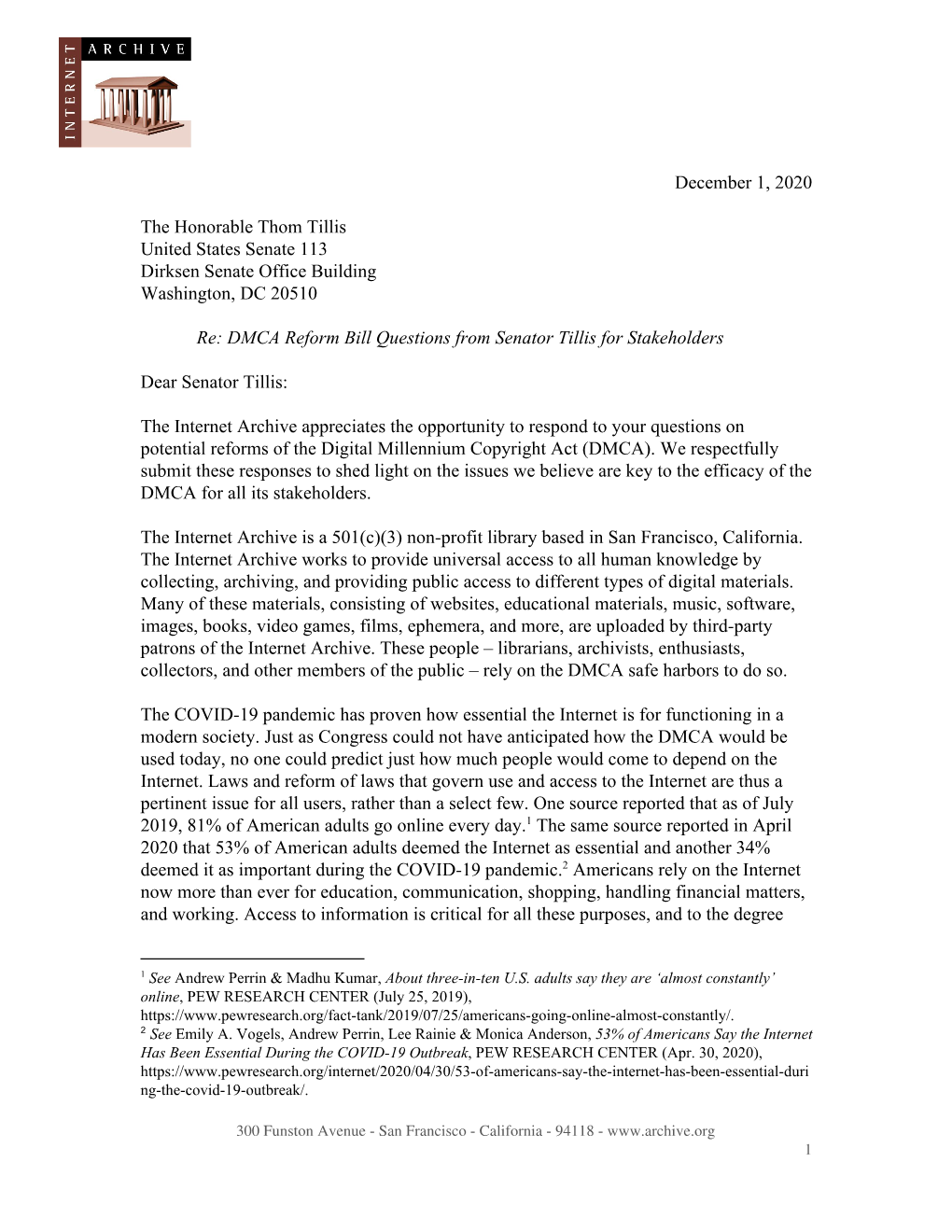 Internet Archive Letter Re: DMCA Reform Bill Questions from Senator