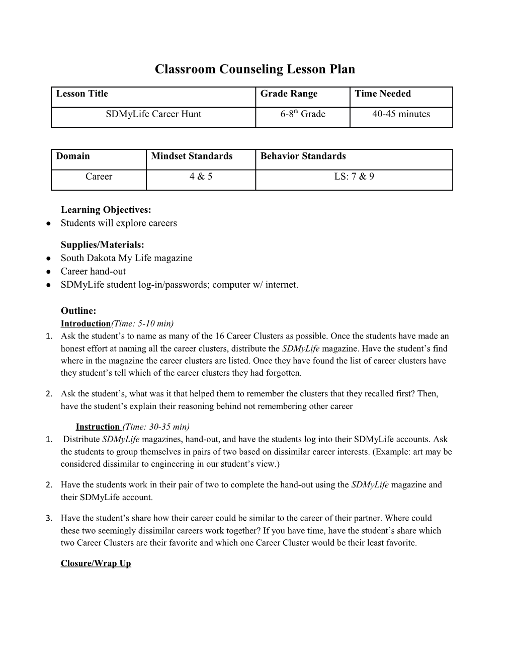 Classroom Counseling Lesson Plan s3