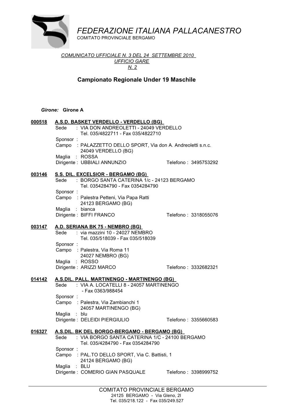 Federazione Italiana Pallacanestro Comitato Provinciale Bergamo