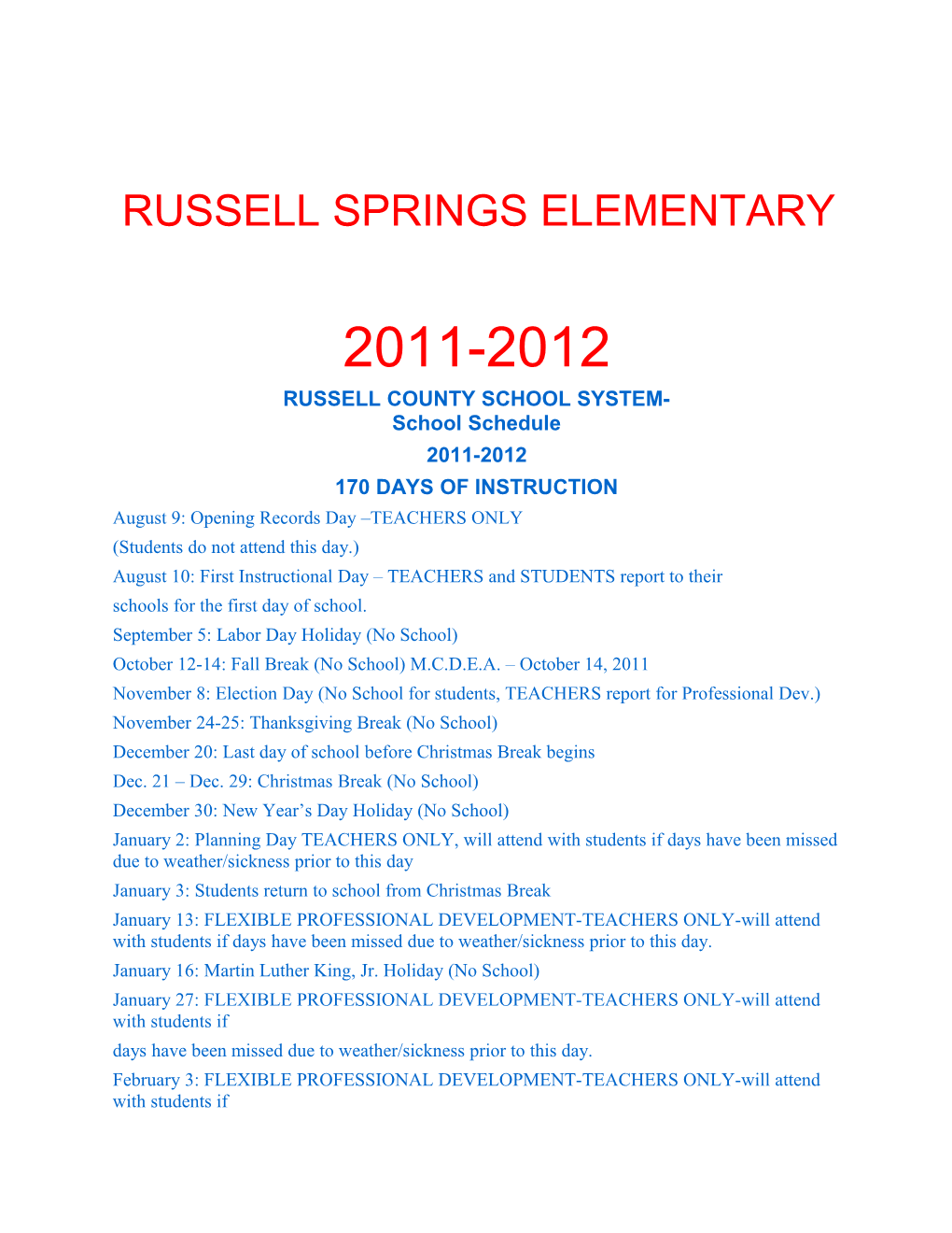 Russell Springs Elementary 2011-2012