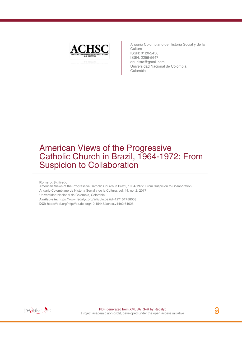 American Views of the Progressive Catholic Church in Brazil, 1964-1972: from Suspicion to Collaboration