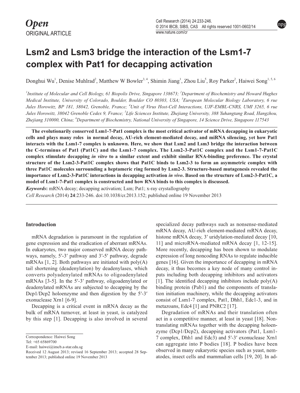 Lsm2 and Lsm3 Bridge the Interaction of the Lsm1-7 Complex with Pat1 for Decapping Activation