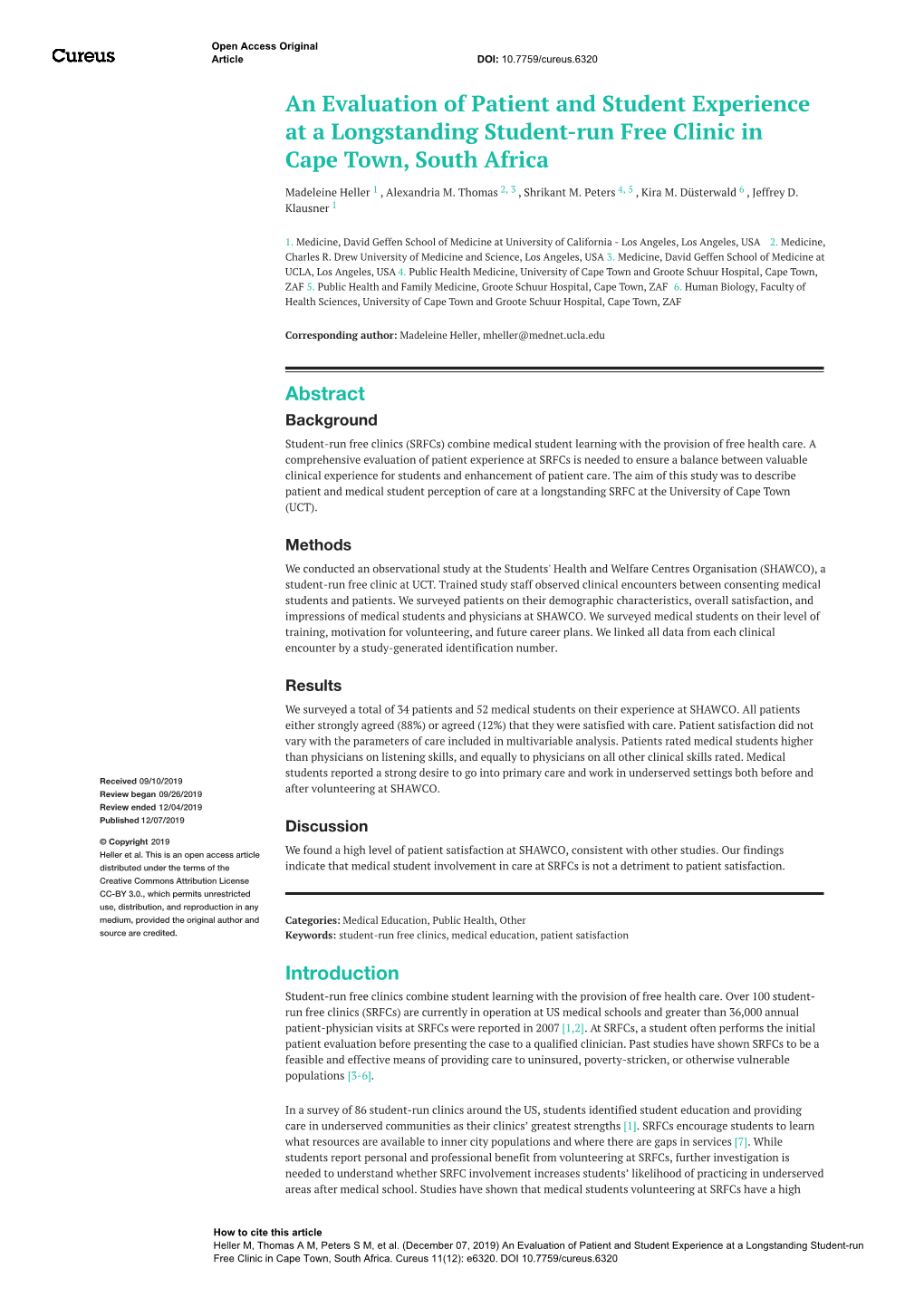 An Evaluation of Patient and Student Experience at a Longstanding Student-Run Free Clinic in Cape Town, South Africa