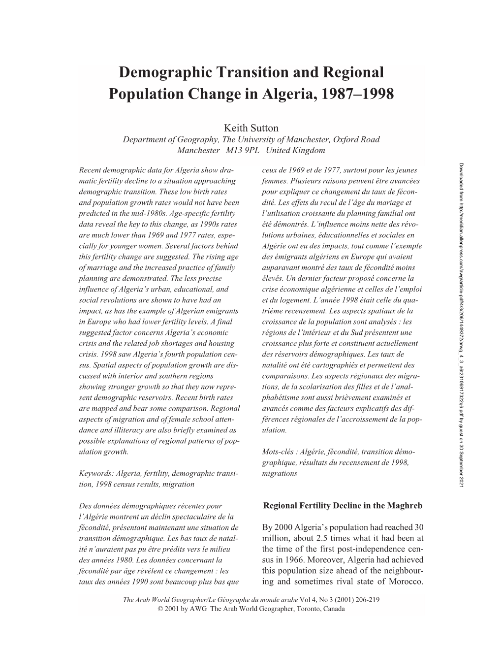 Demographic Transition and Regional Population Change in Algeria, 1987–1998