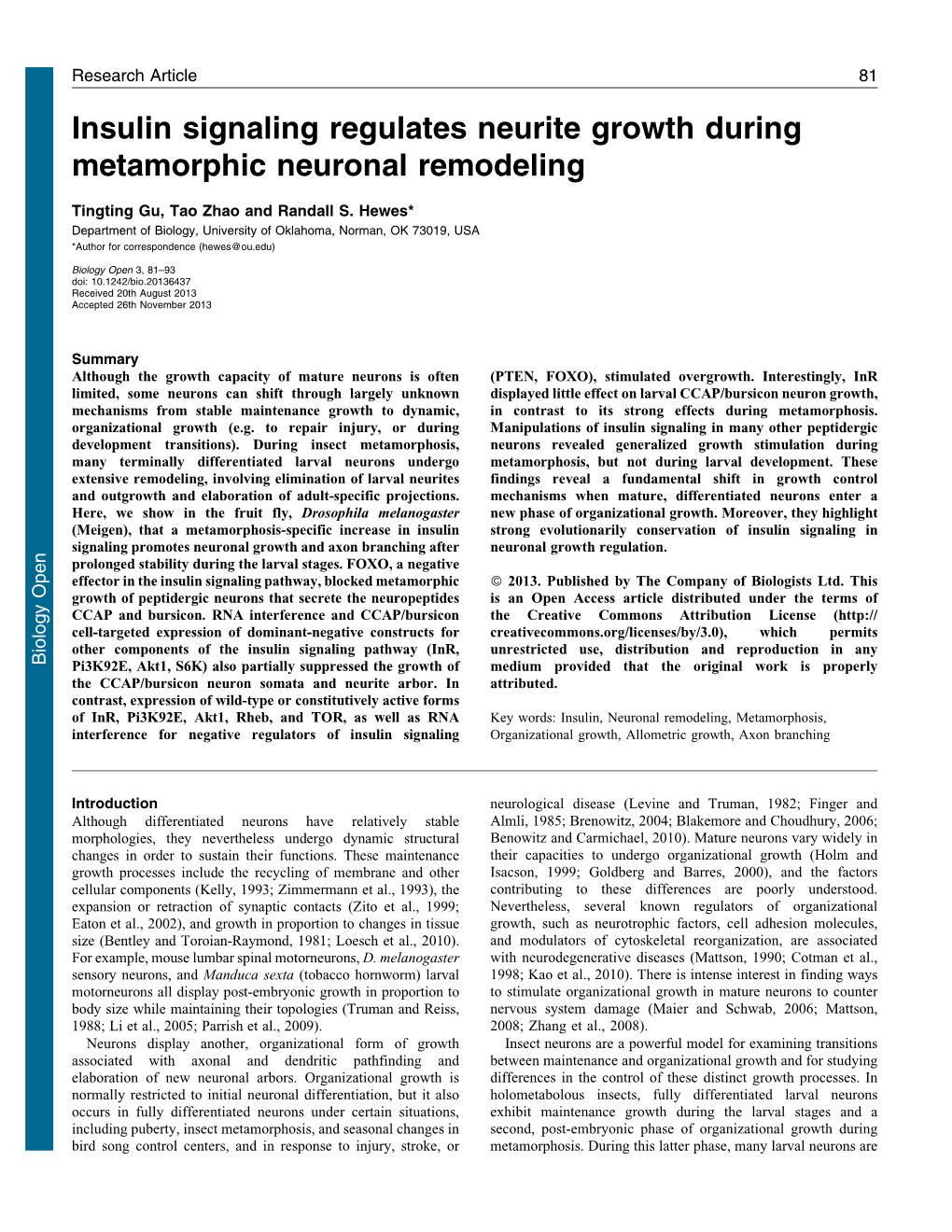 Insulin Signaling Regulates Neurite Growth During Metamorphic Neuronal Remodeling
