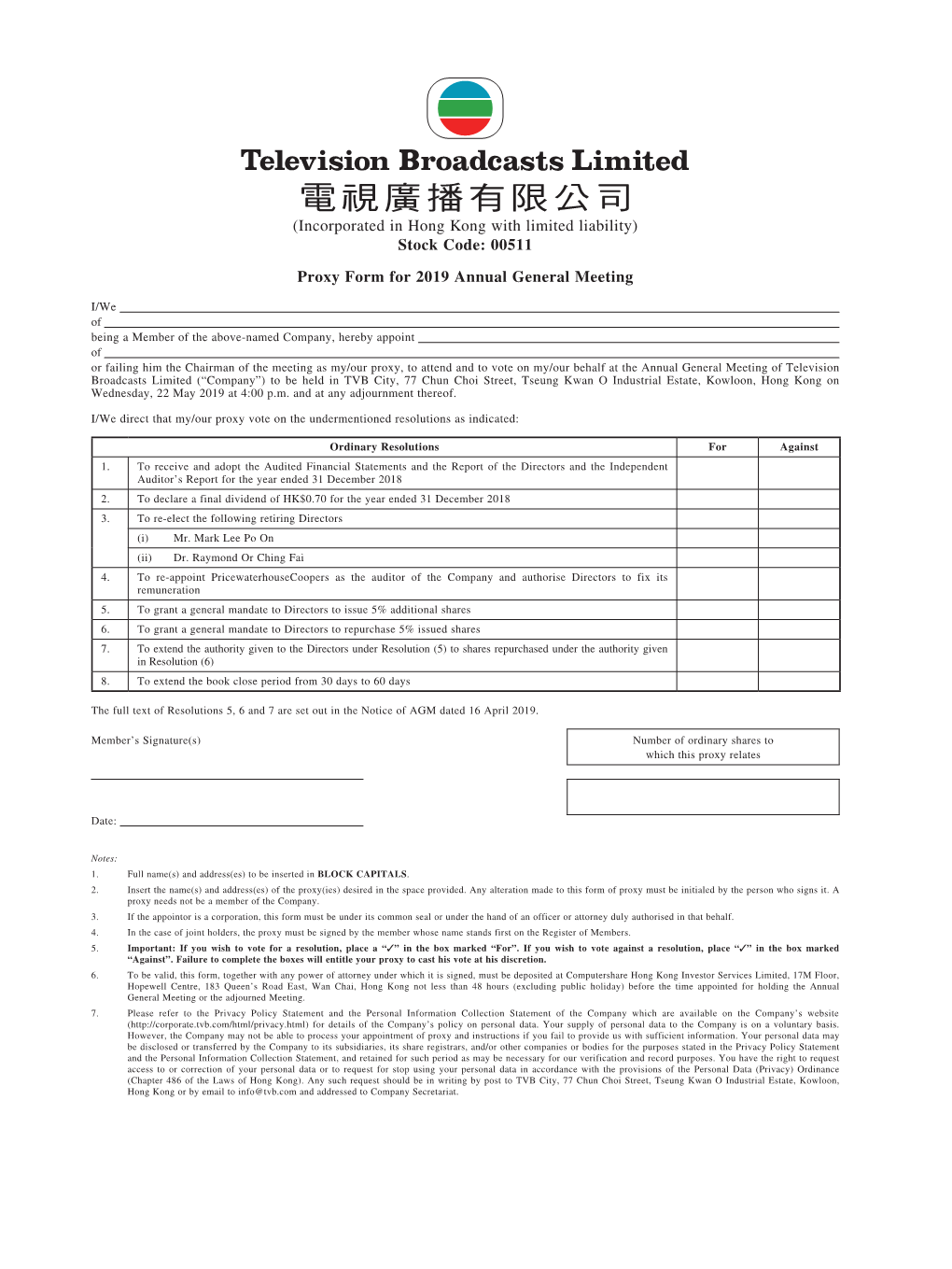 Proxy Form for 2019 Annual General Meeting