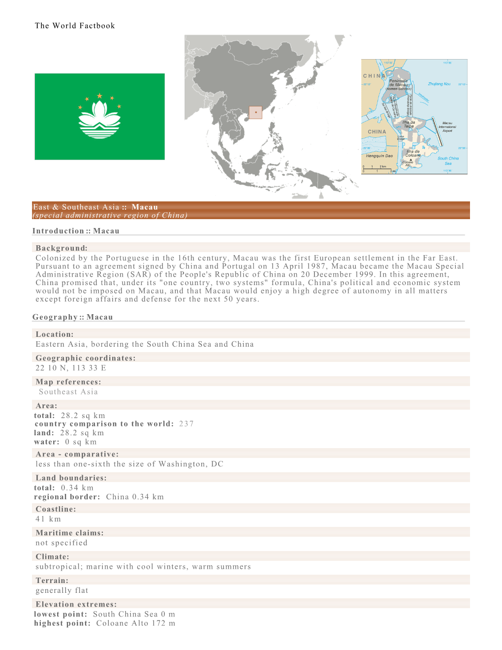 The World Factbook East & Southeast Asia :: Macau (Special Administrative Region of China)