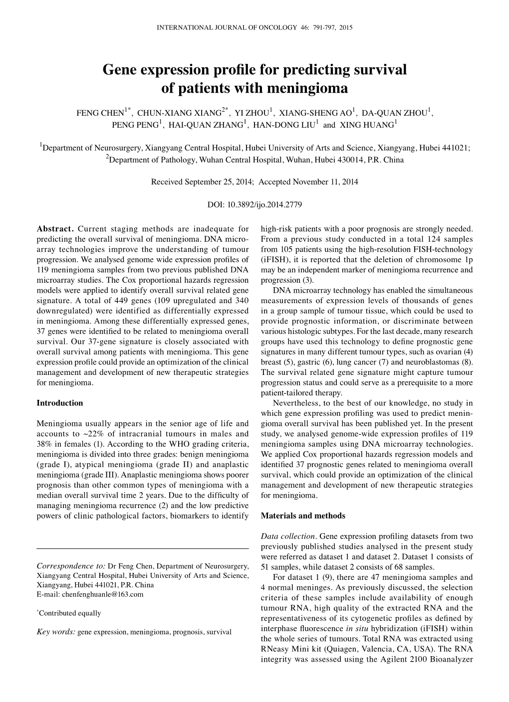 Gene Expression Profile for Predicting Survival of Patients with Meningioma